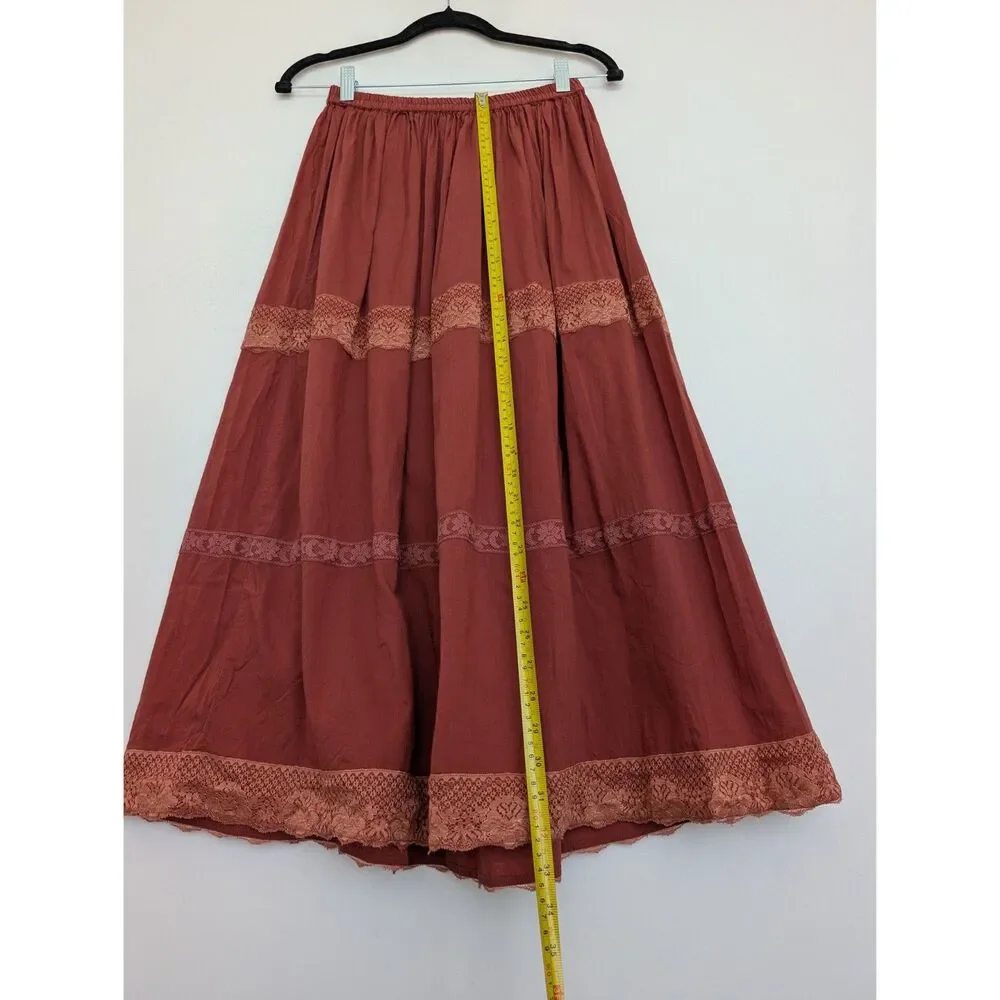 Y2K Vintage Rampage Rust Boho Lace Tiered Cotton Midi Skirt Sz M Made in India